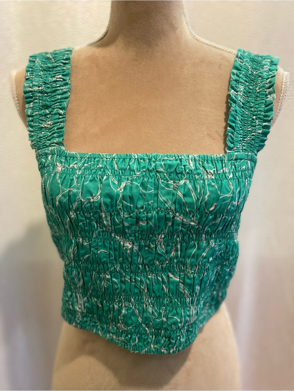 Greylin Smocked Green Square-Neck Crop Top